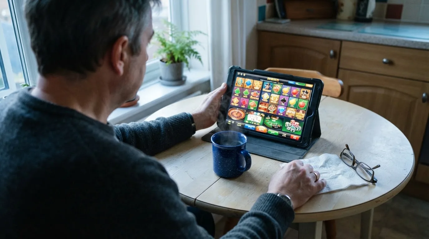 Een persoon bekijkt op een tablet een overzicht van casinospellen aan een keukentafel, met een kop koffie ernaast.