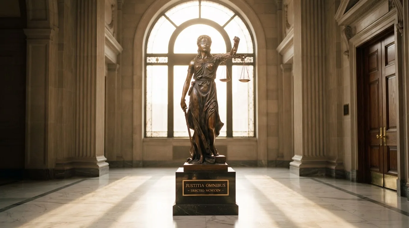 Een bronzen vrouwe Justitia met weegschaal staat voor een grote raampartij in een statig gerechtsgebouw, met zacht ochtendlicht.