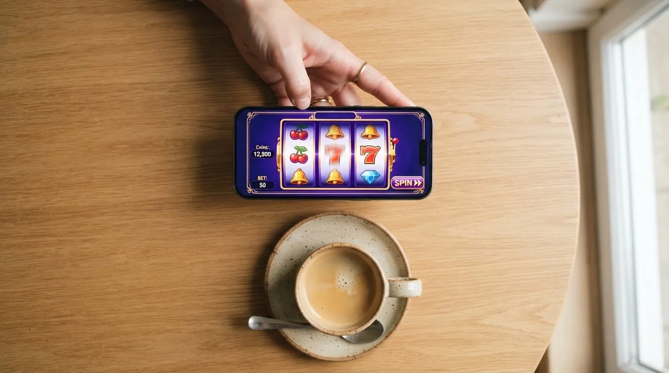 Een hand houdt een smartphone vast boven een houten tafel met een kopje koffie ernaast, in zacht daglicht.