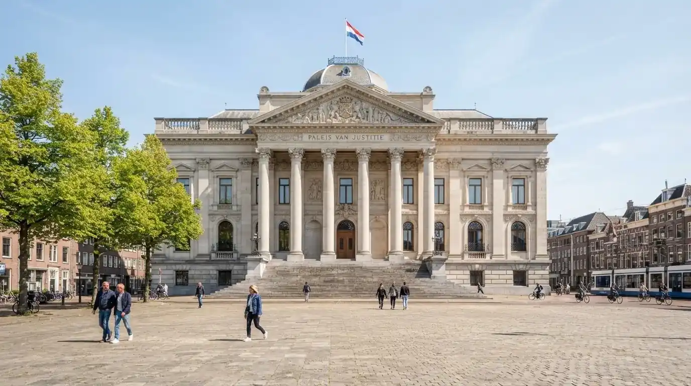 Een statig gerechtsgebouw met brede trappen en zuilen staat onder een heldere hemel in een Nederlandse stad.