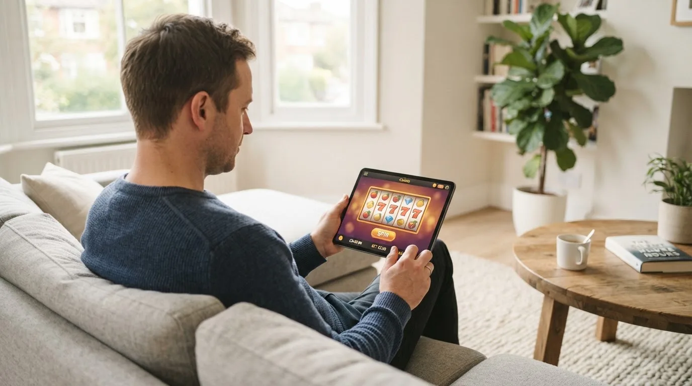 Een man bekijkt ontspannen een tablet op de bank in een lichte woonkamer met een kop koffie op de salontafel.