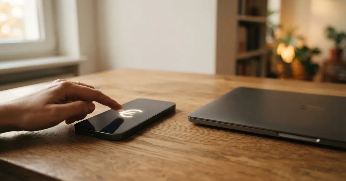 Een hand tikt op een smartphone naast een gesloten laptop op een houten bureau, in zacht daglicht.