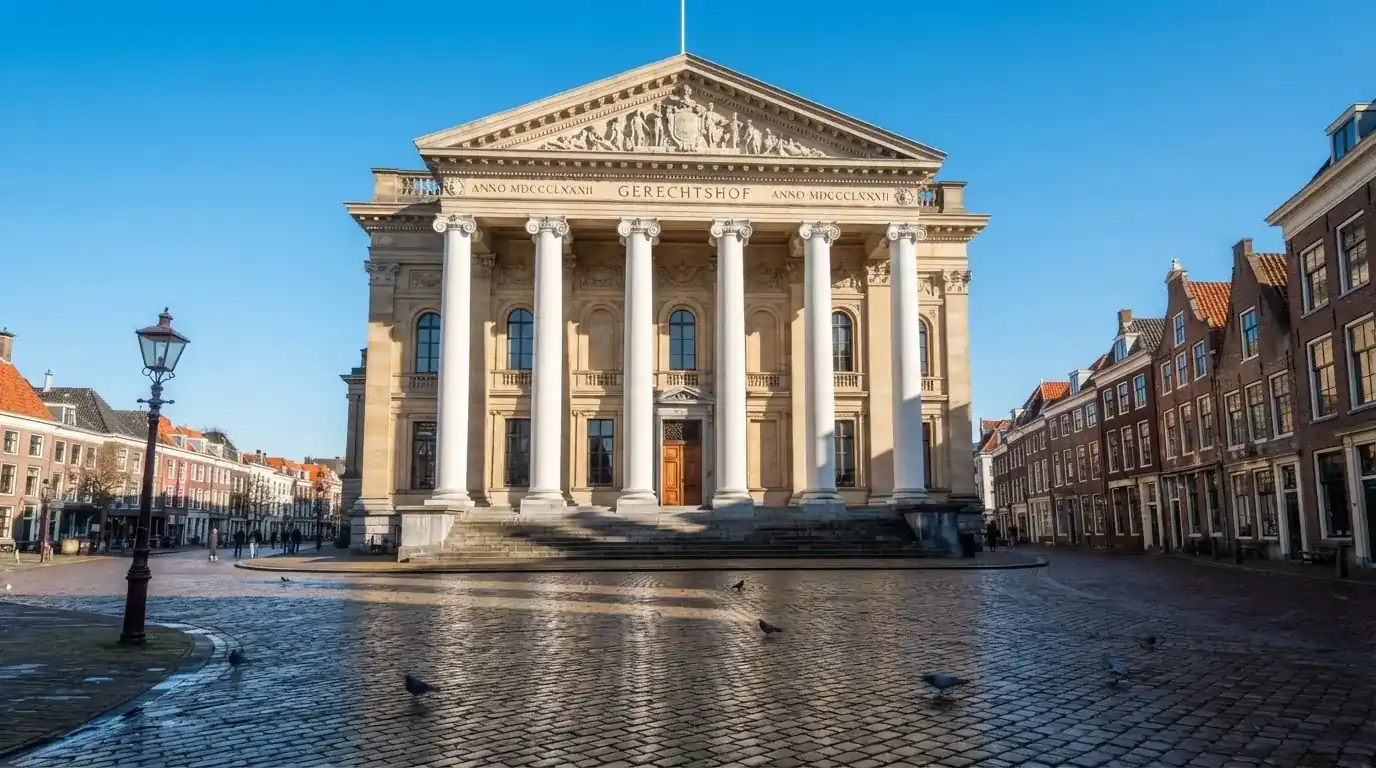 Een klassiek gerechtsgebouw met hoge zuilen staat onder een blauwe lucht in een Nederlandse binnenstad.