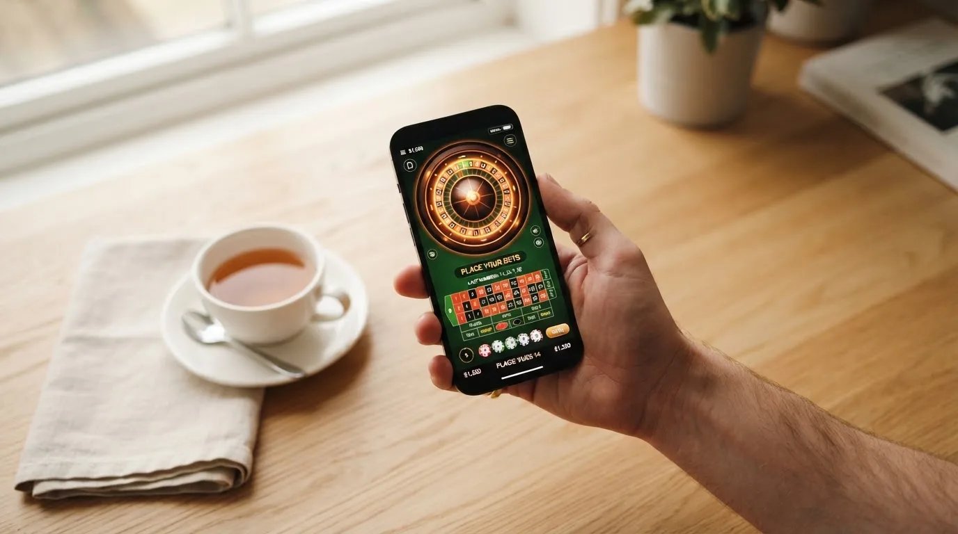 Een hand houdt een smartphone vast boven een houten tafel met een kopje thee ernaast, in zacht daglicht.