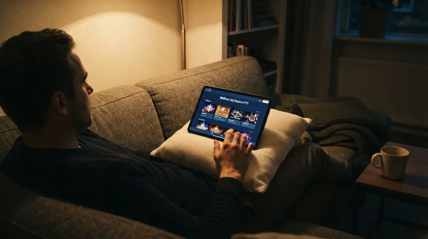 Een man bekijkt laat op de avond een tablet op de bank, verlicht door een staande lamp in een rustige woonkamer.