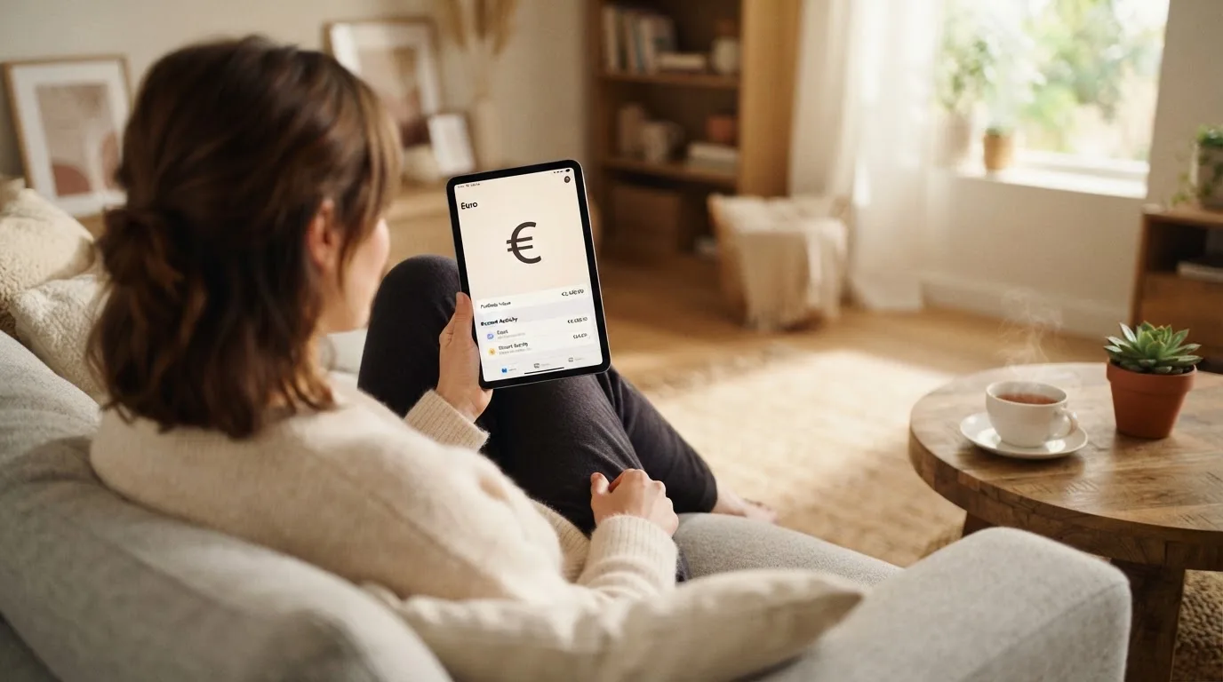 Een vrouw bekijkt ontspannen een tablet op de bank in een lichte woonkamer met een kop thee op de salontafel.