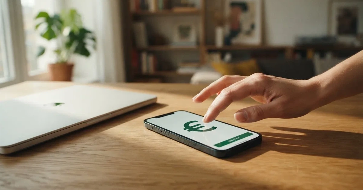 Een hand tikt op een smartphone naast een gesloten laptop op een houten bureau, in zacht daglicht.