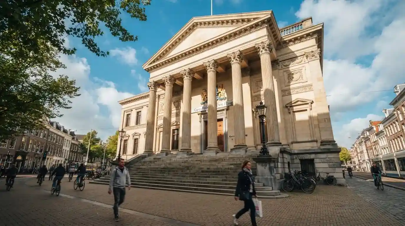 Een klassiek gerechtsgebouw met hoge zuilen staat onder een blauwe lucht in een Nederlandse binnenstad.