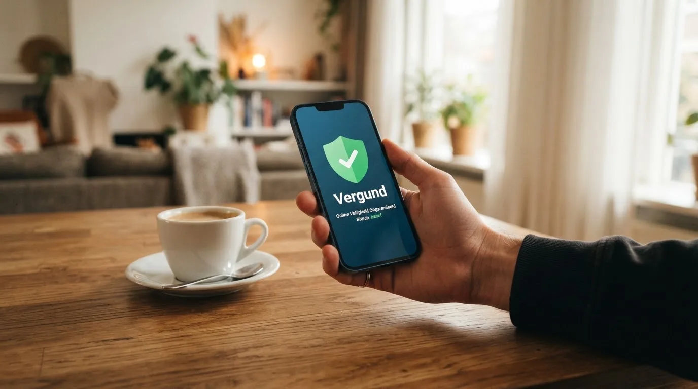 Een hand houdt een smartphone vast boven een houten tafel met een kopje koffie ernaast, in zacht daglicht.
