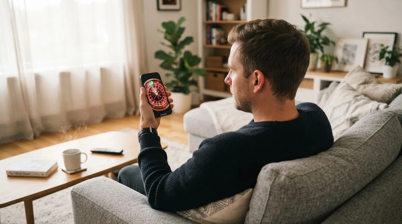 Een man bekijkt ontspannen zijn telefoon op de bank in een lichte woonkamer met een kop koffie op de salontafel.