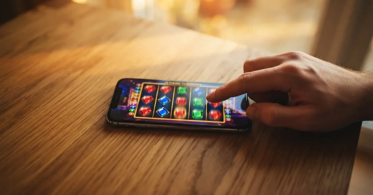 Een hand houdt een smartphone vast en tikt met een vinger op het scherm, terwijl de telefoon rust op een houten tafel.