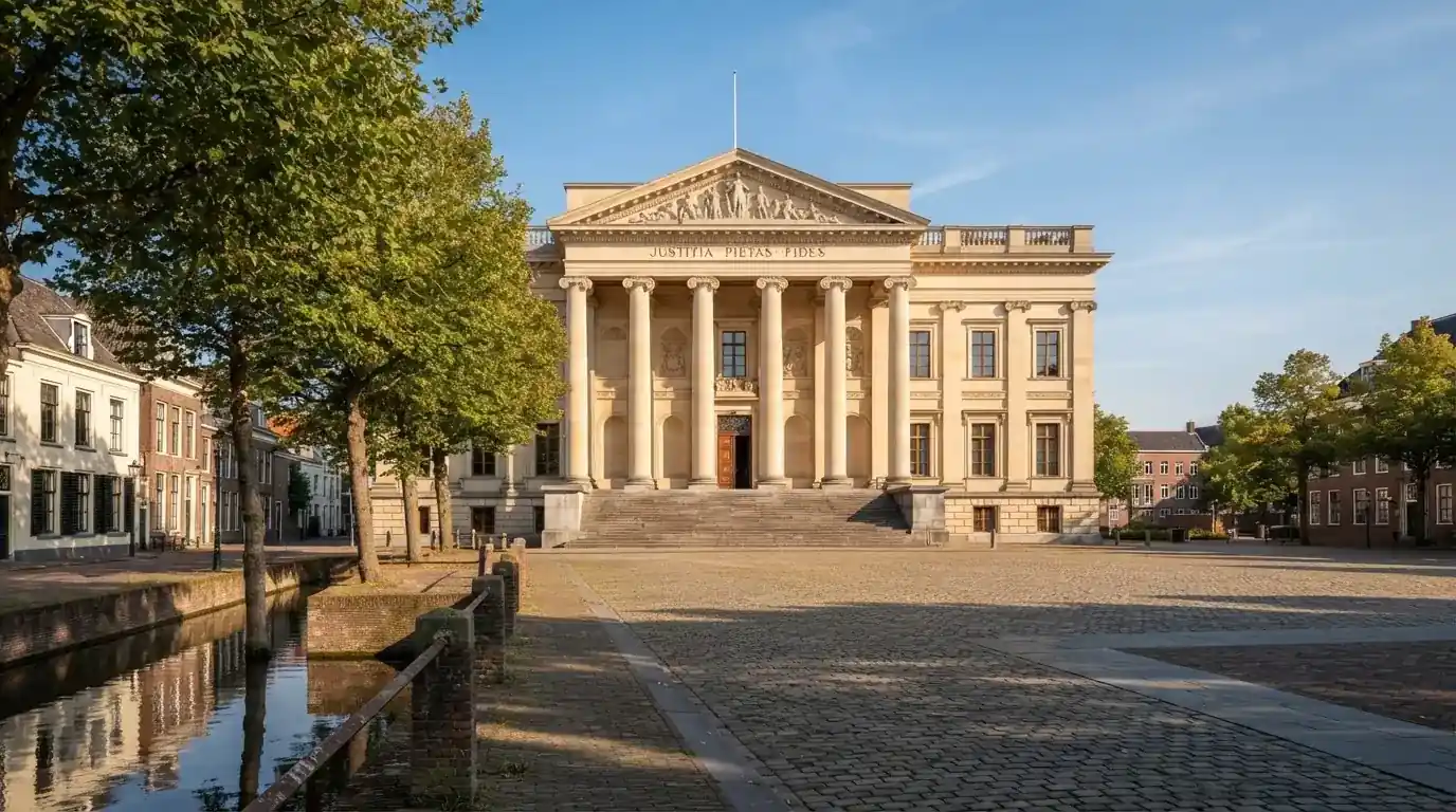 Een klassiek gerechtsgebouw met zuilen staat onder een blauwe lucht in een rustige Nederlandse stad.