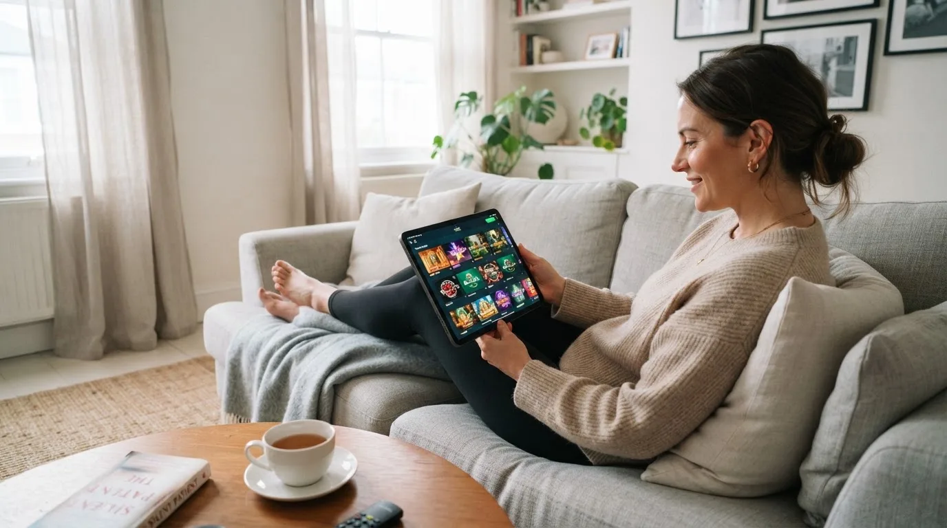 Een vrouw bekijkt ontspannen een tablet op de bank in een lichte woonkamer met een kop thee op de salontafel.