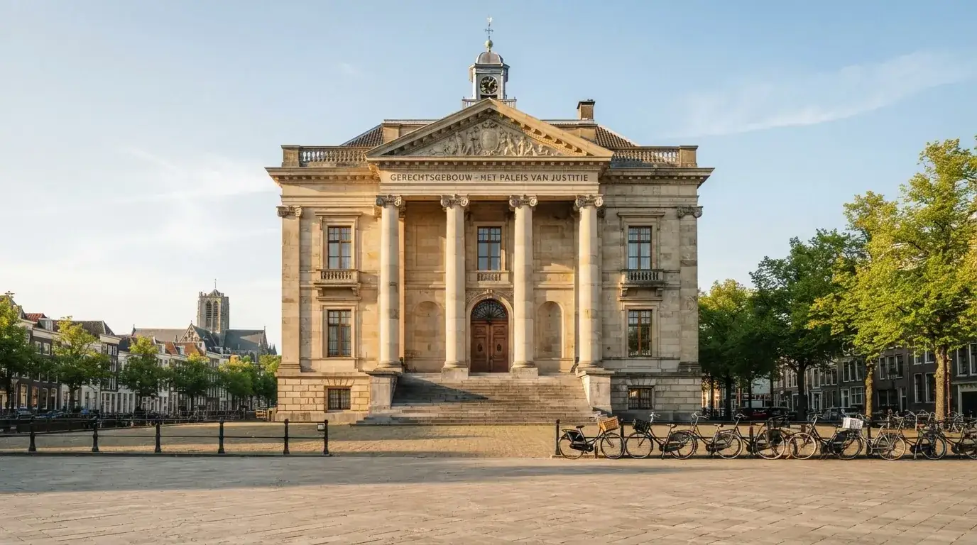 Een klassiek gerechtsgebouw met hoge zuilen staat onder een heldere hemel in een Nederlandse stad.