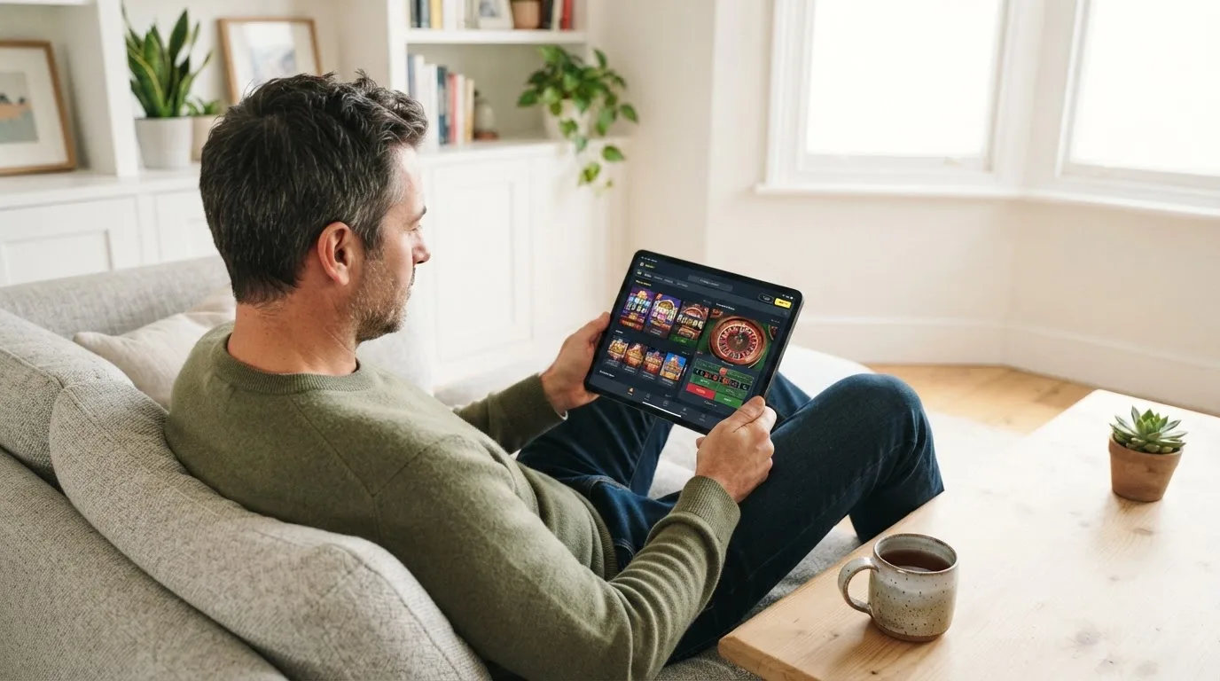 Een man bekijkt ontspannen een tablet op de bank in een lichte woonkamer met een kop thee op de salontafel.