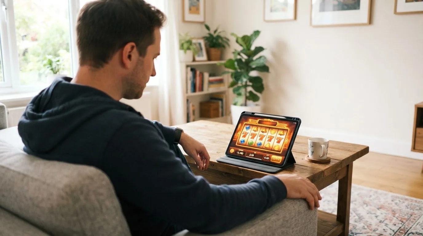 Een man bekijkt ontspannen een tablet op de bank in een lichte woonkamer met een kop koffie op de salontafel.