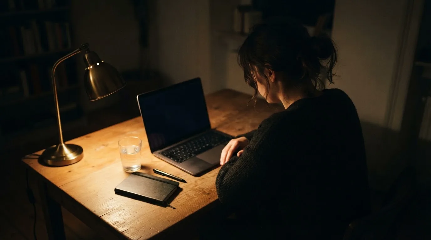 Een persoon zit alleen aan een bureau en kijkt peinzend naar een laptop met het scherm uit, in gedimd licht.