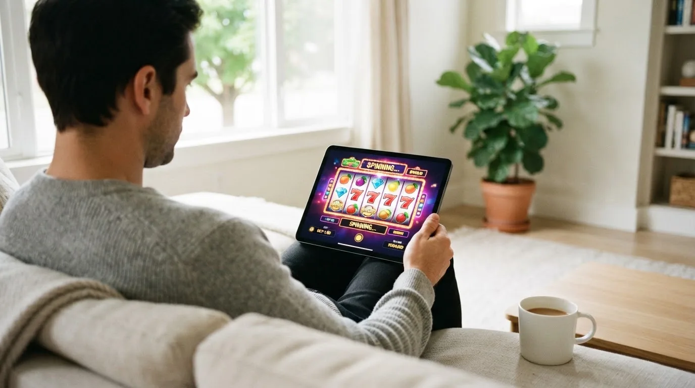 Een man bekijkt ontspannen een tablet op de bank in een lichte woonkamer met een kop koffie op de salontafel.