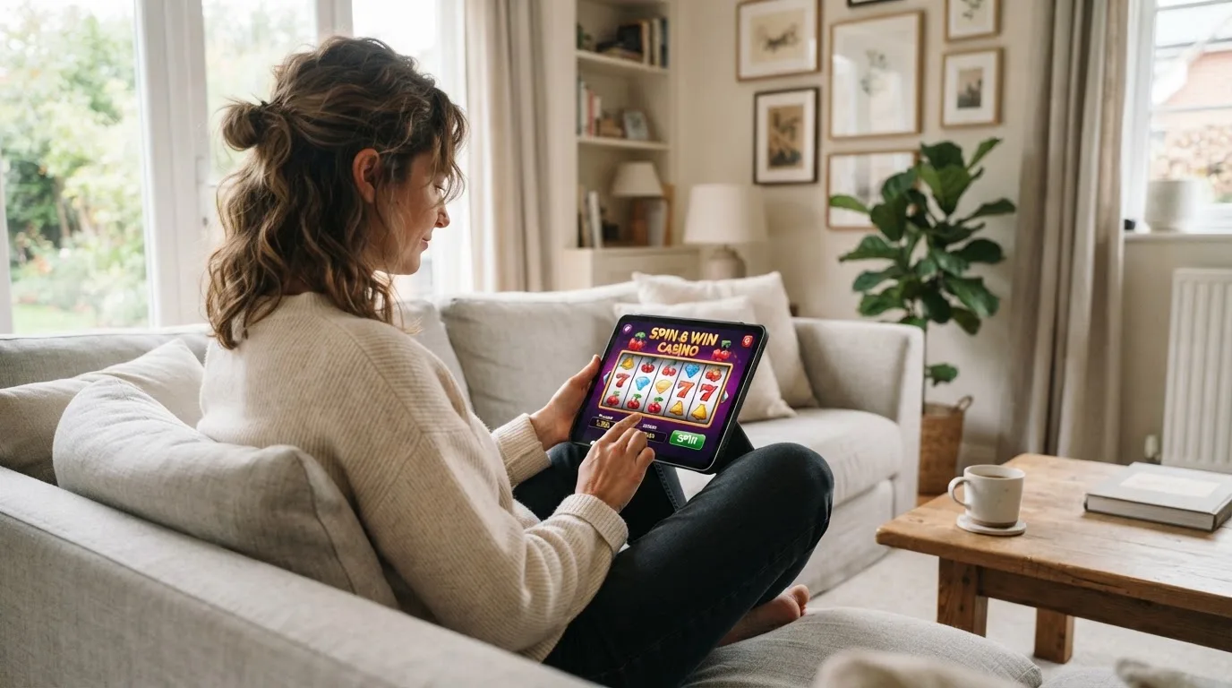 Een vrouw bekijkt ontspannen een tablet op de bank in een lichte woonkamer met een kop koffie op de salontafel.