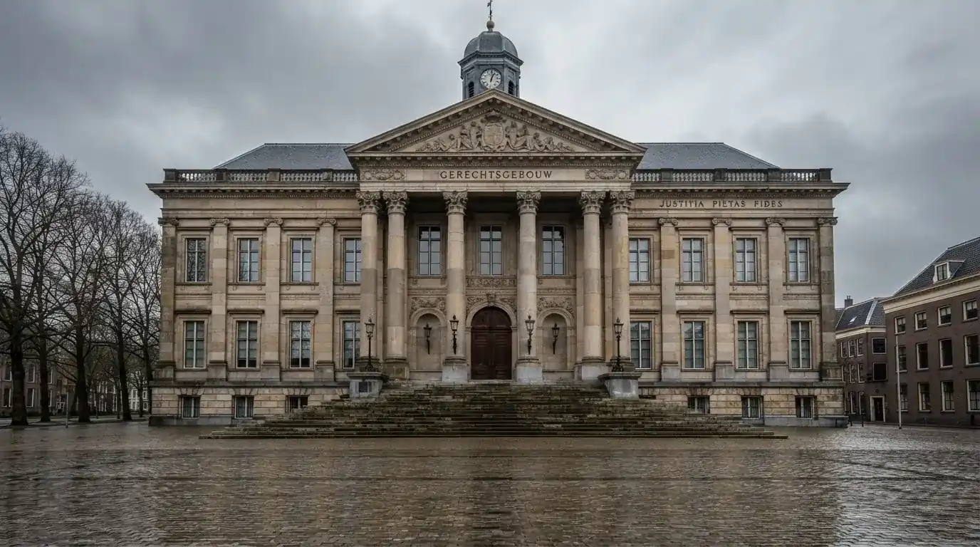 Een klassiek gerechtsgebouw met brede trappen staat onder een bewolkte hemel in een Nederlandse stad.