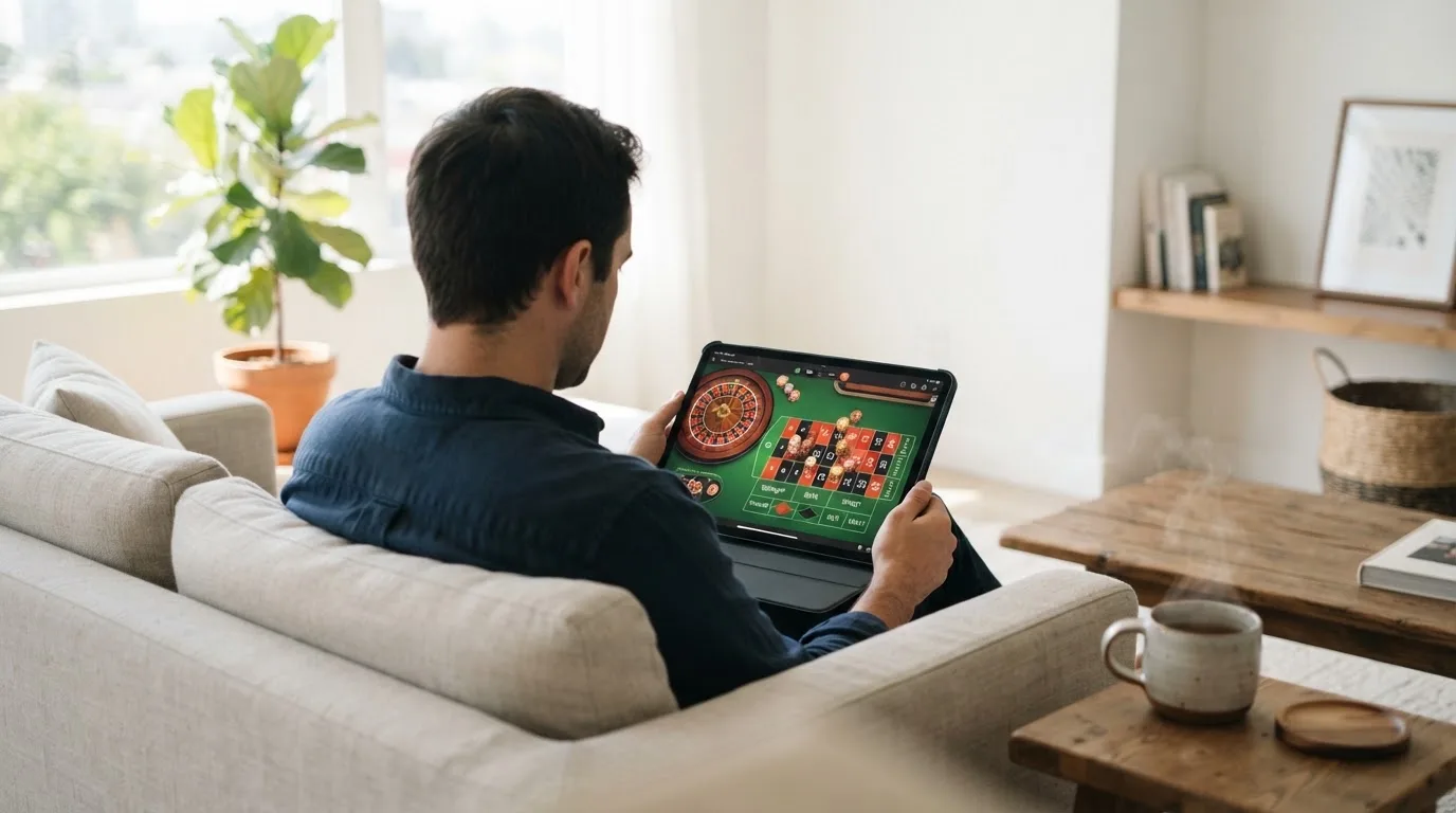 Een man bekijkt ontspannen een tablet op de bank in een lichte woonkamer met een kop thee op de salontafel.
