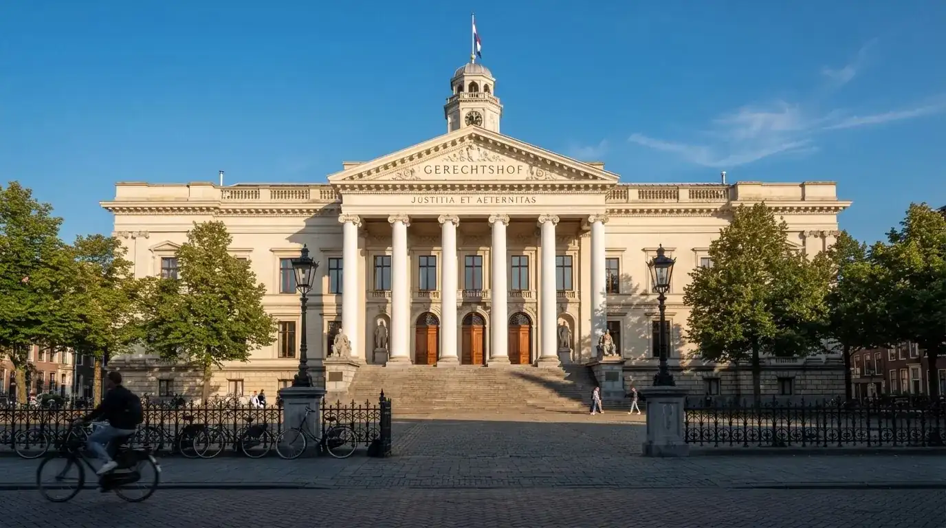 Een klassiek gerechtsgebouw met hoge zuilen staat onder een heldere hemel in een Nederlandse stad.
