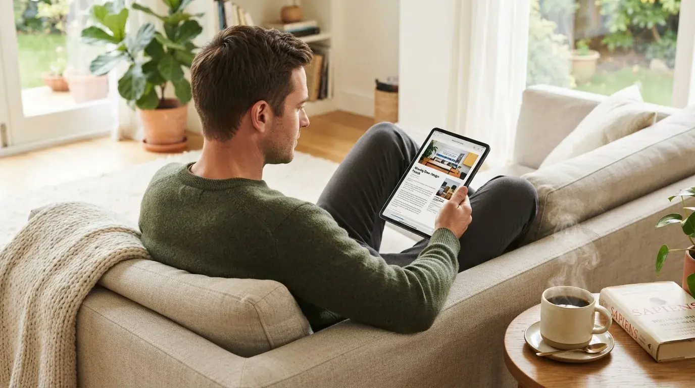 Een man bekijkt ontspannen een tablet op de bank in een lichte woonkamer met een kop koffie op de salontafel.