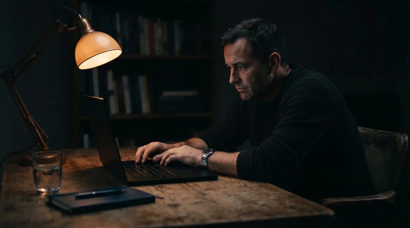 Een persoon zit alleen aan een bureau en kijkt peinzend naar een laptop met het scherm uit, in gedimd licht.