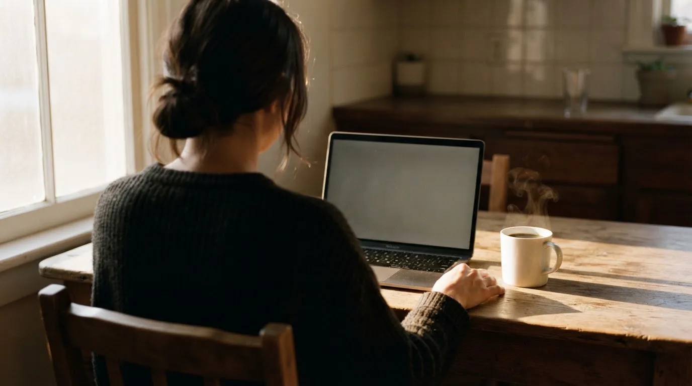Een persoon zit alleen aan een keukentafel en kijkt peinzend naar een laptop, met een kop koffie ernaast in het vroege ochtendlicht.