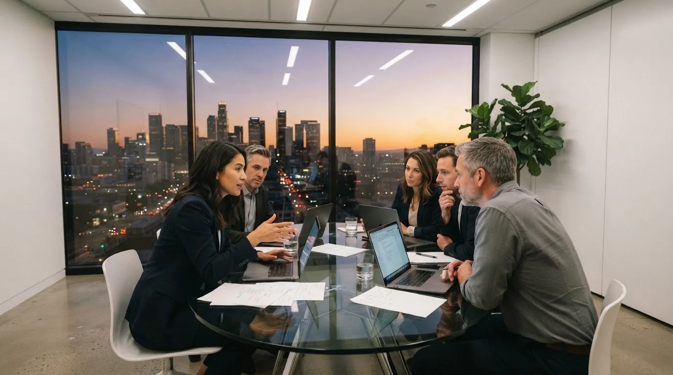 Een klein team overlegt rond een tafel in een glazen vergaderruimte met uitzicht op een stedelijke skyline bij zonsondergang.