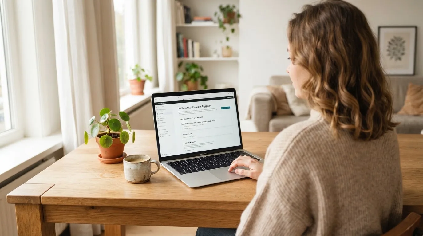 Een vrouw zit aan een houten bureau en bekijkt rustig het scherm van een laptop in een lichte woonkamer.