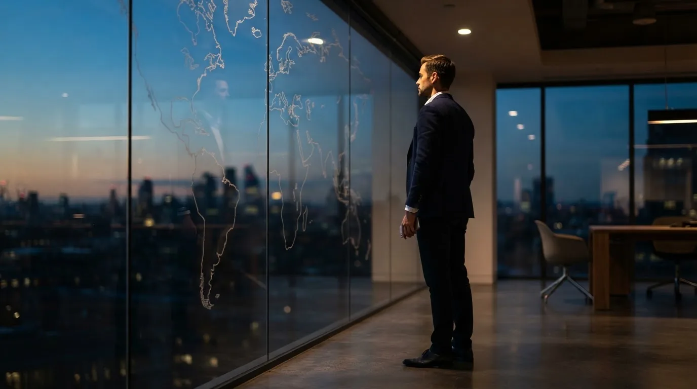 Een jurist in kostuum staat voor een grote glazen wand met een wereldkaart in een modern kantoor tijdens de avondschemering.