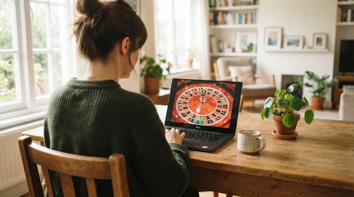Een vrouw zit aan een houten bureau en bekijkt rustig het scherm van een laptop in een lichte woonkamer.