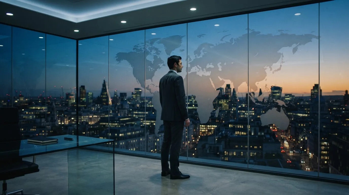 Een jurist in kostuum staat voor een grote glazen wand met een wereldkaart in een modern kantoor tijdens de avondschemering.