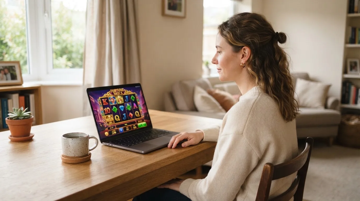 Een vrouw zit aan een houten bureau en bekijkt rustig het scherm van een laptop in een lichte woonkamer.