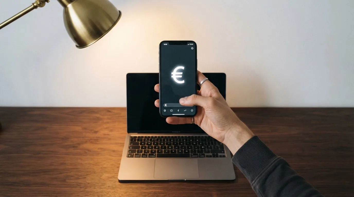 Een persoon houdt een smartphone vast boven een laptop op een houten tafel, in een minimalistisch ingerichte thuiswerkplek.