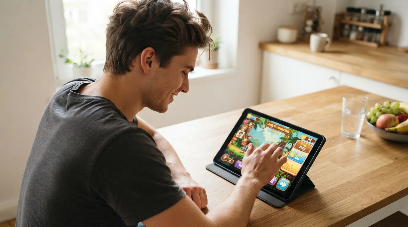 Een jonge man test ontspannen een spelapp op zijn tablet aan de keukentafel, met zacht daglicht op de achtergrond.