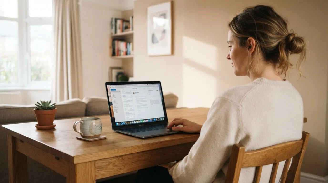 Een vrouw zit aan een houten bureau en bekijkt rustig het scherm van een laptop in een lichte woonkamer.