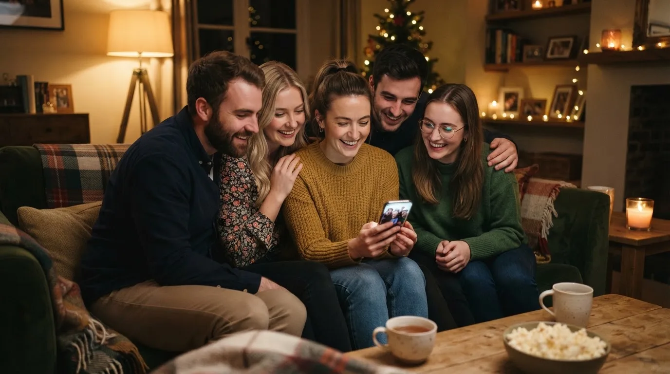 Een vrolijke groep vrienden kijkt samen glimlachend naar een smartphone tijdens een gezellige avond op de bank.