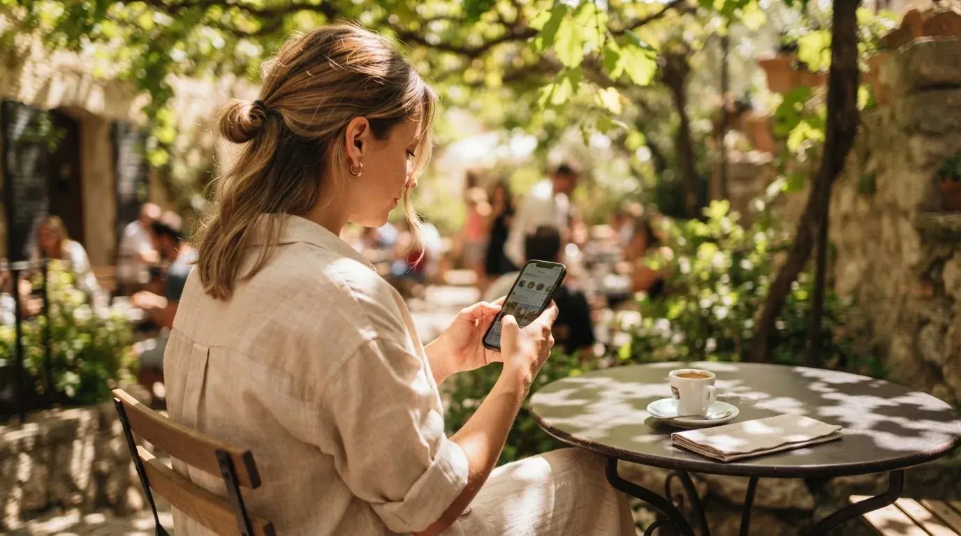 Een vrouw scrolt ontspannen op haar smartphone terwijl ze op een terras in de zon zit.
