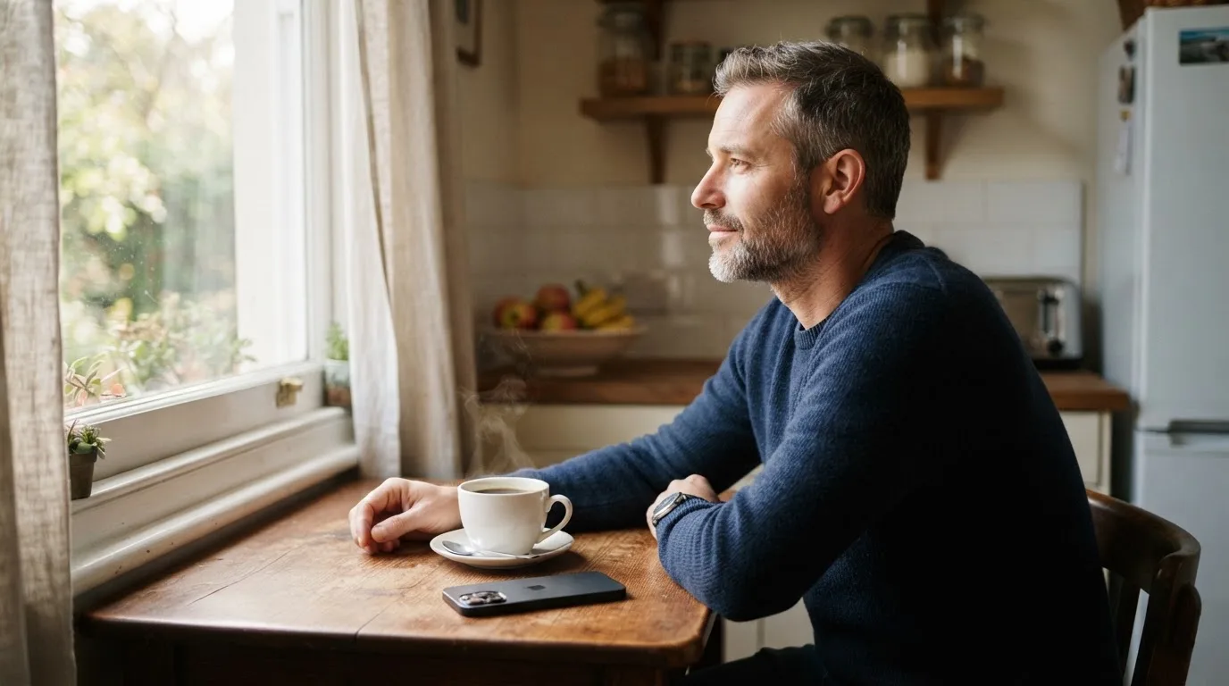 Een man legt zijn telefoon rustig weg en kijkt uit het raam met een kop koffie op tafel.