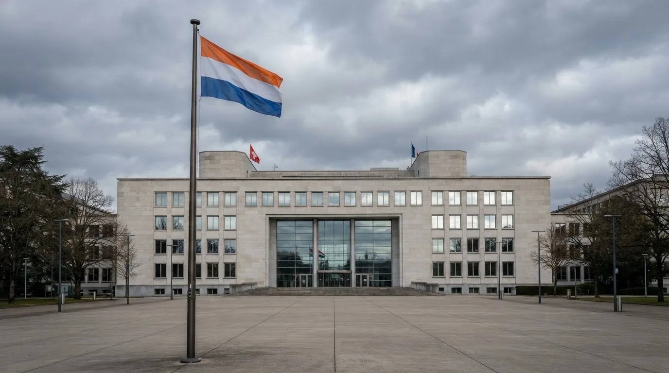 Een statig kantoorgebouw met een Nederlandse vlag ervoor onder een bewolkte hemel.