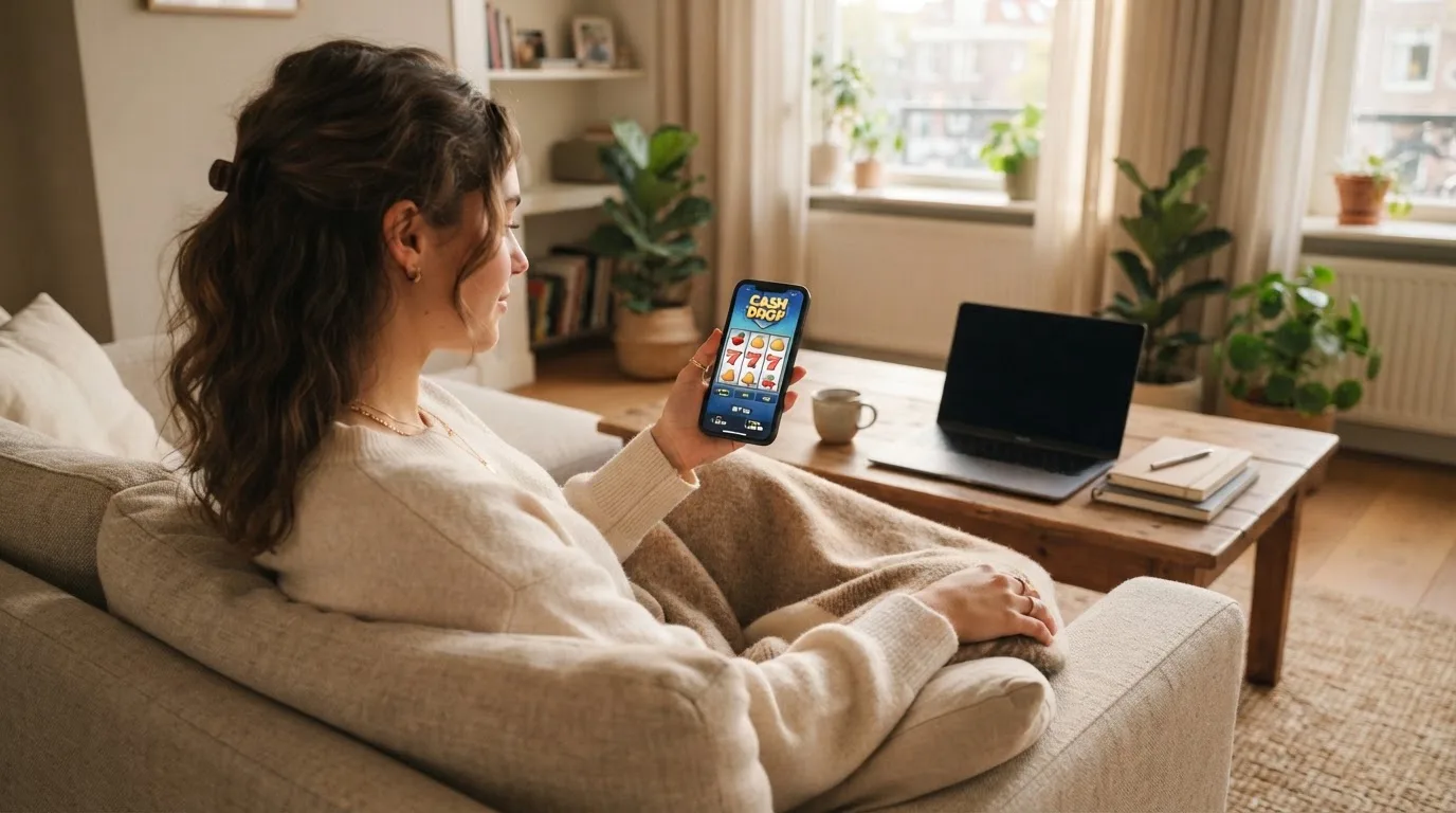 Een jonge vrouw zit ontspannen op de bank met een smartphone in haar hand, terwijl een laptop met onscherp scherm op de salontafel staat.