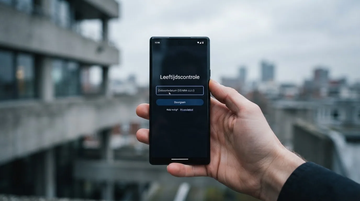 Een close-up van een hand die een smartphone vasthoudt buiten voor een grijs kantoorgebouw, met een wazige skyline van een Nederlandse stad op de achtergrond.