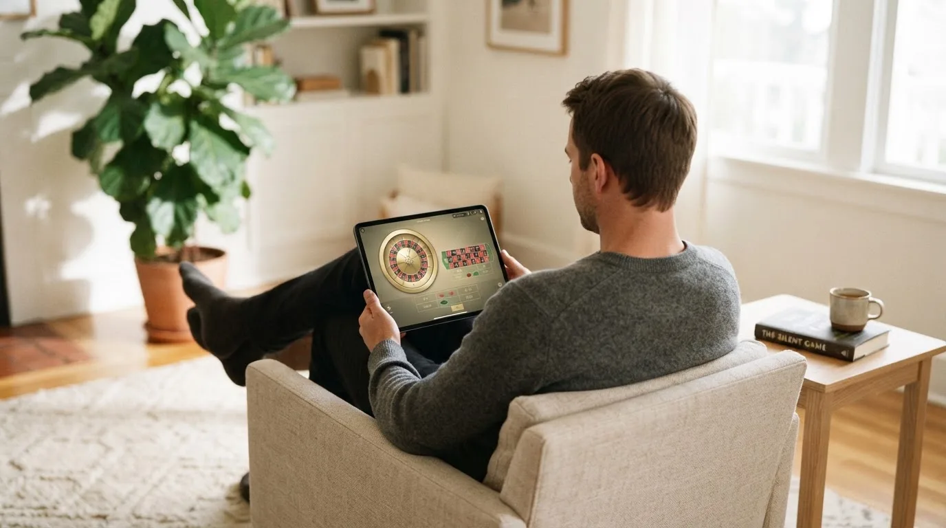 Een man leunt achterover op een stoel met een tablet op schoot, in een lichte woonkamer met planten op de achtergrond.
