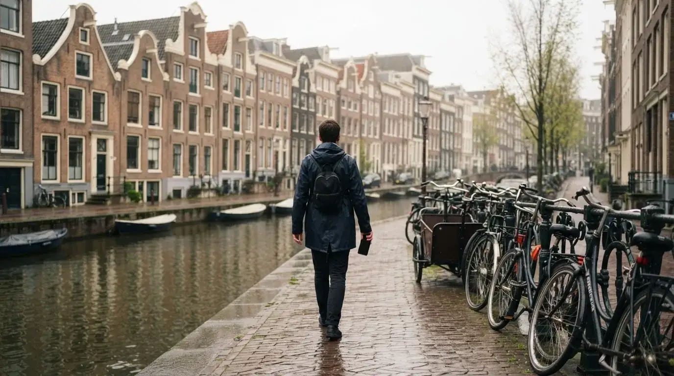 Een persoon loopt met een telefoon in de hand langs een grachtenpand in een Nederlandse stad, met wazige gevels op de achtergrond.