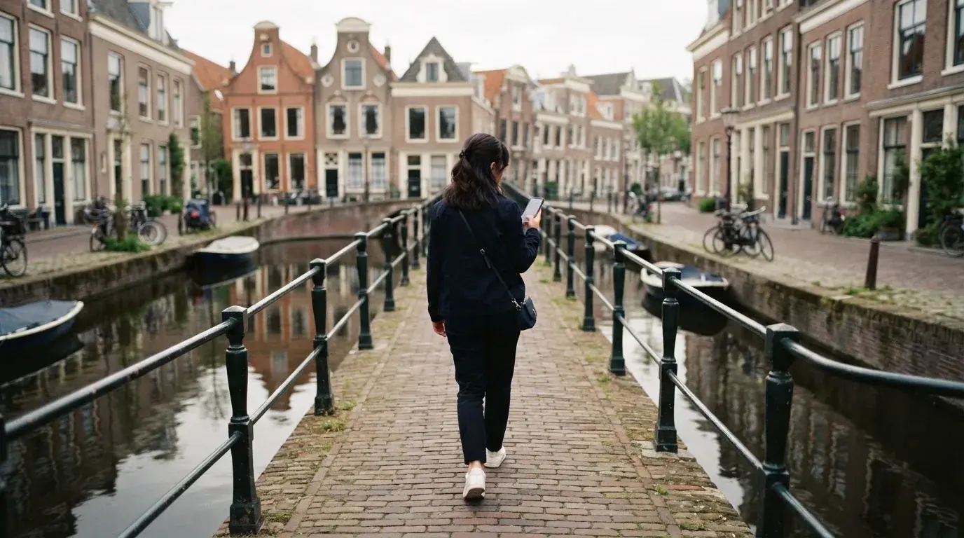 Een volwassene loopt over een brug in een Nederlandse stad met een telefoon in de hand.