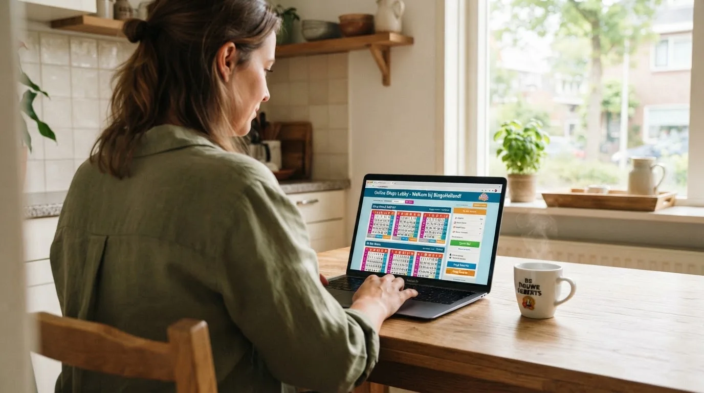 Een vrouw bekijkt rustig op haar laptop de opties voor online spelen aan de keukentafel, met een kopje koffie ernaast.