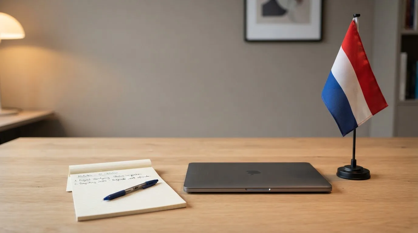 Een bureau met een Nederlandse vlag op een standaard naast een gesloten laptop, symbool voor regelgeving en toezicht op kansspelen.