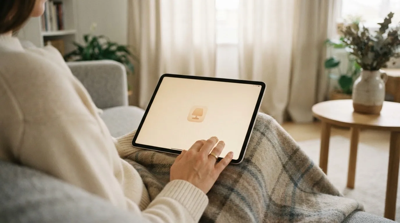 Iemand bekijkt ontspannen een tablet op de bank in een lichte woonkamer, met een plaid over de knieën.